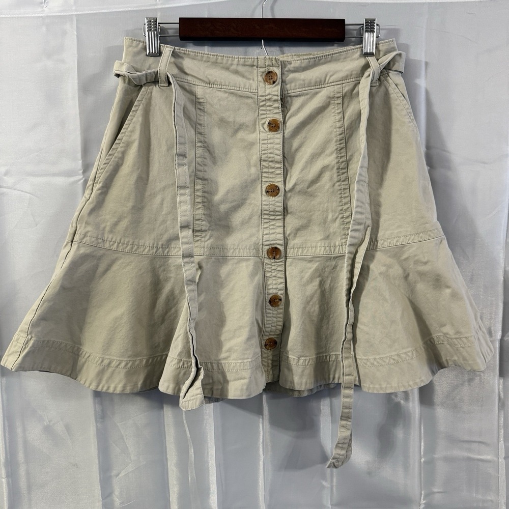 Banana Republic Khaki Button Up A-Line Tie‎ Belt Mini Skirt Natural Stone 8/30